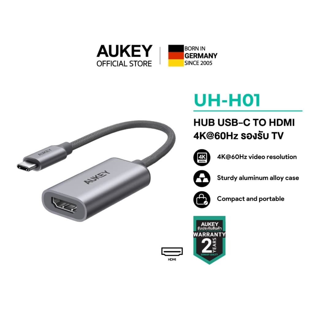 AUKEY UH-H01 USB-C to HDMI 2.0 Adapter | รองรับ 4K@60Hz | สายถักไนลอน | เคสอะลูมิเนียม รูปที่ 1
