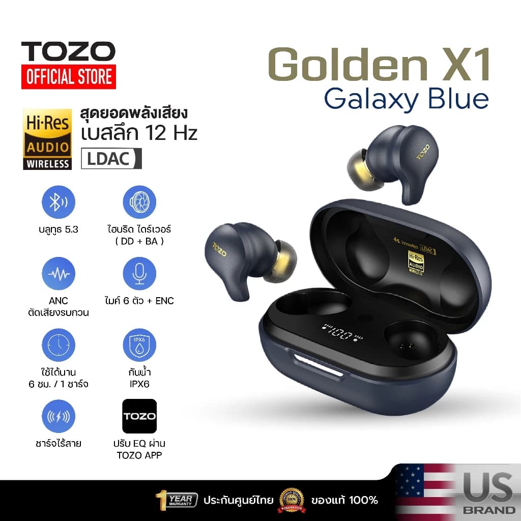 TOZO Golden X1 Hybrid Drivers หูฟังบลูทูธ In-Ear 6 Mics Hybrid ANC & ENC IPX6 BT 5.3 รูปที่ 1