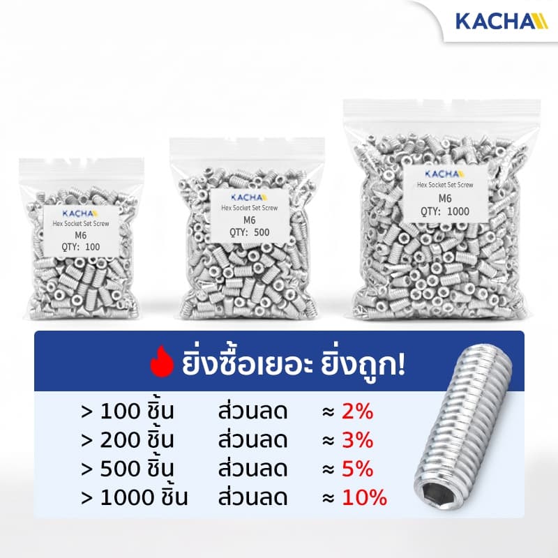 Kacha สกรูตัวหนอน สกรูหัวจมหกเหลี่ยม สแตนเลส 304 ขนาด M8 ยาว 6-50มิล ทนทานสนิมและการกัดกร่อน GB77 รูปที่ 2