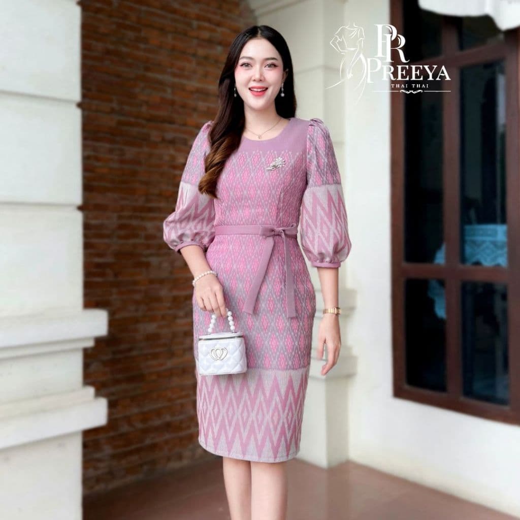 PR159 เดรสผ้าฝ้ายทอลาย ยกแขน อัดกาวทั้งชุด แบรนด์ preeya มีไซส์S-2XL ชุดไทย ชุดผ้าไทย รูปที่ 3