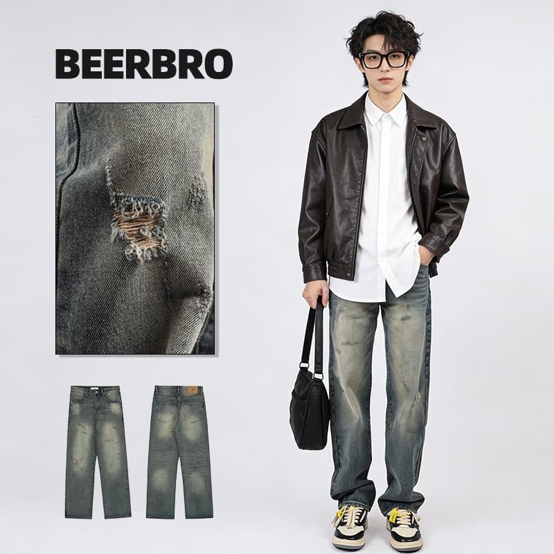 beerbroth-กางเกงยีนส์ชาย ขายาว สีน้ำเงิน ทรงหลวมตรง ขากว้าง สไตล์วินเทจ ไซส์28-35 ทรงกระบอกใหญ่ baggy jeans รูปที่ 1
