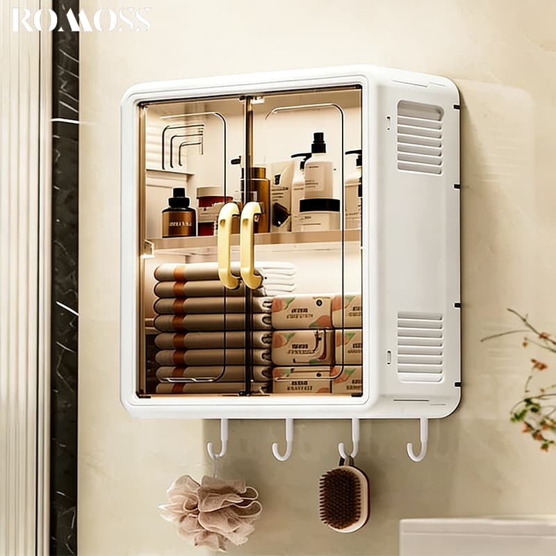 ROMO ตู้เก็บของติดผนัง ชั้นวางห้องน้ำ ตู้ติดผนังในห้องน้ำ ไม่เจาะผนัง กล่องใส่ทิชชู่ กันน้ำ รูปที่ 1