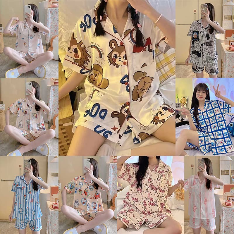 H-apparel shop ชุดนอนผู้หญิงลายการ์ตูนน่ารัก มีปก ประกอบด้วยเสื้อแขนสั้นและกางเกงนอน คุณภาพดี สวมใส่สบาย โปรโมชั่นพิเศษ
