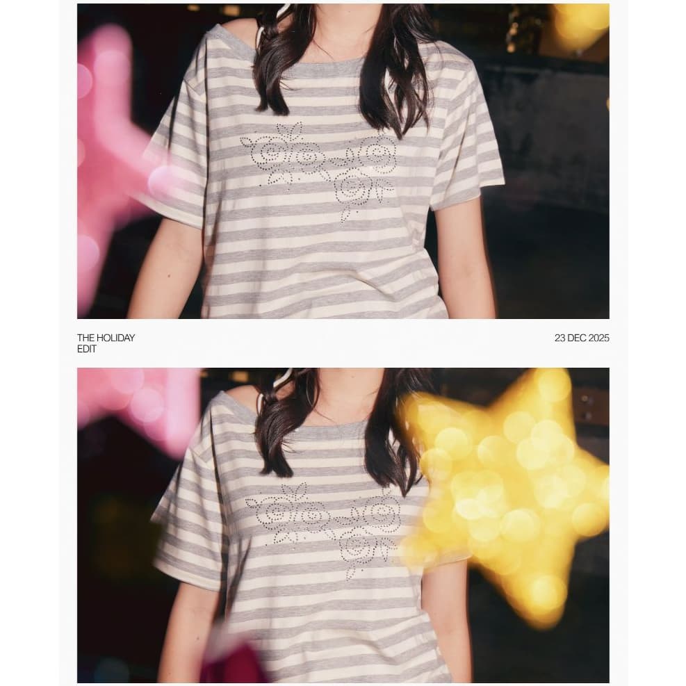 rand0m piece - Rosanna Stripe Off Shoulder Top เสื้อยืดปาดไหล่ลายทาง แต่งเพชรลายดอกกุหลาบ รูปที่ 2