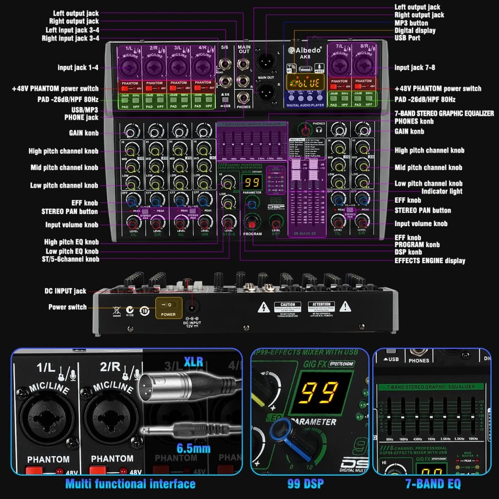Ready Stock Audio Mixer ผลิตภัณฑ์ในสต็อก ABD-AK4/6/8 Channel มิกเซอร์เสียงมืออาชีพ 99 DSP เสียงบลูทูธ USB อินเตอร์เฟซเสี รูปที่ 9