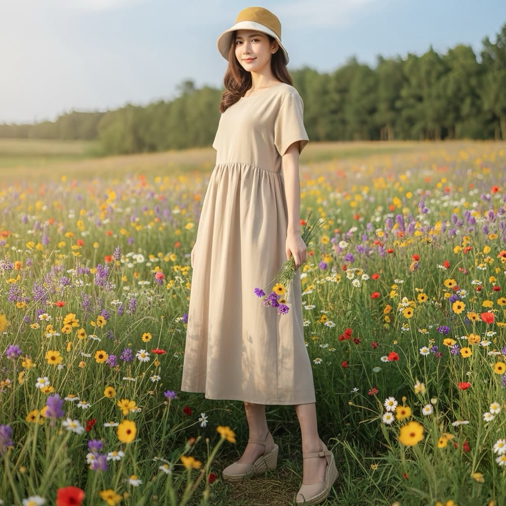 Empire waist dress : เดรสผ้าฝ้ายฟอกนุ่ม เชือกผูกปรับเข้ารูป มีกระเป๋าล้วง รูปที่ 2