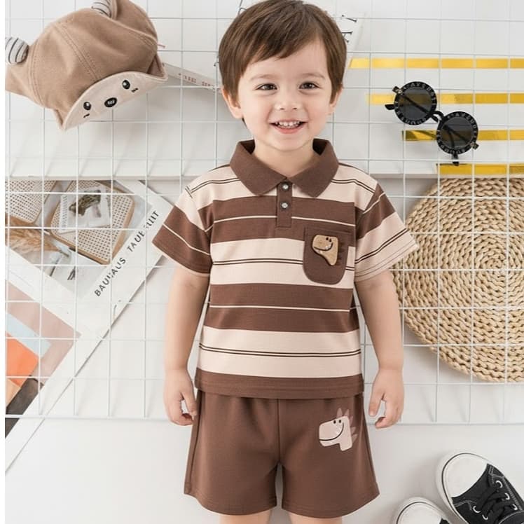 Babyonline 2K5 ชุดเซ็ตเสื้อคอปกกางเกงขาสั้นสุดเท่สำหรับเด็กผู้ชาย ผ้านิ่ม ระบายอากาศได้ดี รูปที่ 8