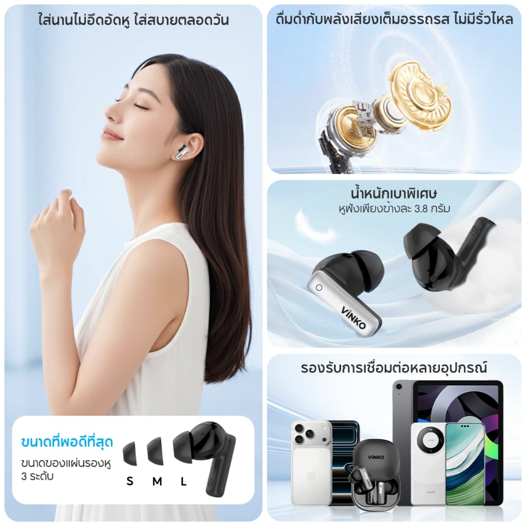 VINKO S10 Pro TWS Bluetooth 6.0 ANC+ENC ตัดเสียงรบกวน AI Mic ไร้สาย รองรับ iPhone Android อายุการใช้งานแบตเตอรี่ยาวนาน รูปที่ 6