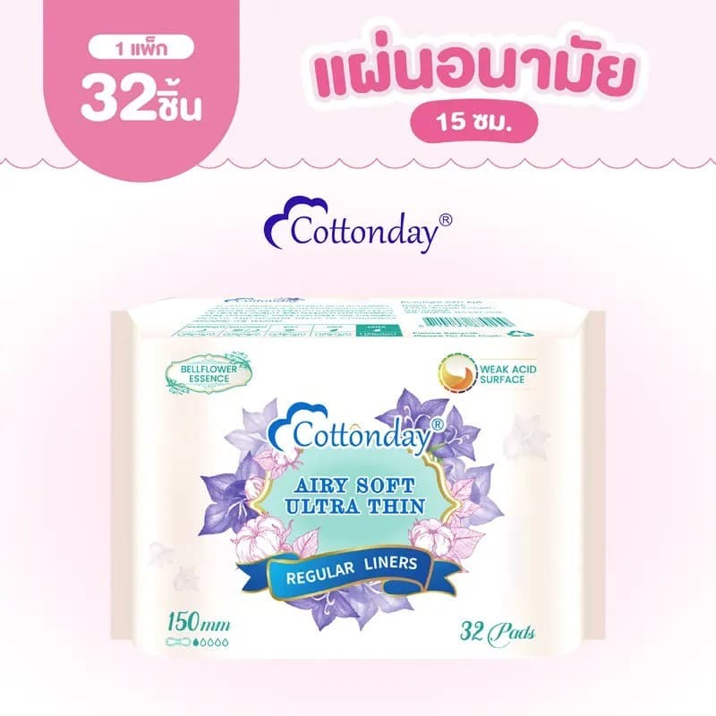 ผ้าอนามัย Cottonday บลูเบลล์ สูตรกรดอ่อน 150 มม. × 32 ชิ้น × 5 แพ็ก อ่อนโยนต่อผิว ระบายอากาศได้ดี รูปที่ 3