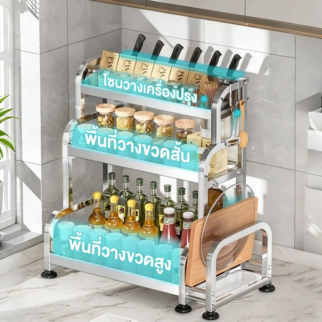 ชั้นวางเครื่องปรุง สแตนเลส 2/3ชั้น ชั้นวางของในครัว แบบวางเขียงตั้งโต๊ะ มีที่วางเขียงและที่วางมีด รูปที่ 2