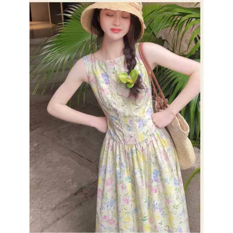 ส่ง เดรสเสื้อกล้ามลายดอกไม้สีสันสดใส สไตล์ฝรั่งเศสชนบท ทรงรัดเอวผอมสง่างาม หลวมสบาย เหมาะท่องเที่ยวฤดูร้อน รูปที่ 8