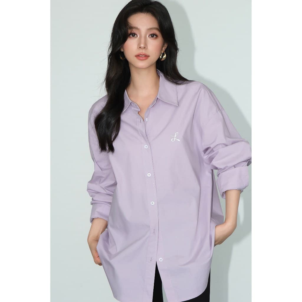 เสื้อเชิ้ตผู้หญิงสี แขนยาว ทรงหลวม วินเทจ สีพื้น สไตล์เกาหลี รูปที่ 8