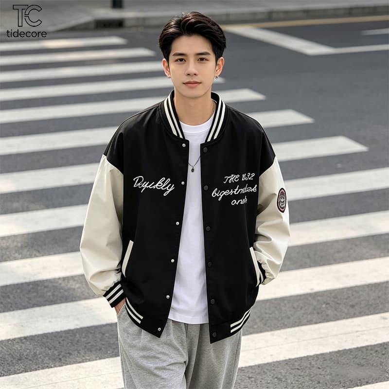 TideCore เสื้อแจ็คเก็ตเบสบอลชาย COD สไตล์อเมริกันเรโทร ทรงหลวม ดีไซน์ปักลายสตรีท เท่สุดๆ สำหรับใส่เดินห้าง / ไปเที่ยว รูปที่ 2