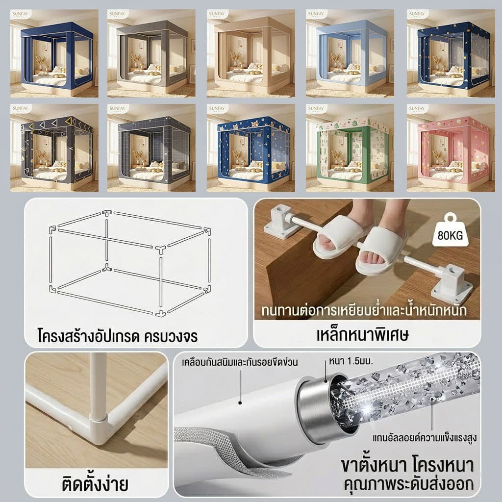 Sunfay มุ้งกันยุง 6 ฟุต มุ้งห้องนอนส่วนตัว 4/5/6/6.6ฟุต มุ้งครอบผู้ใหญ่ 3ประตู แบบมีซิป กันแมลง พกพาสะดวก รูปที่ 6
