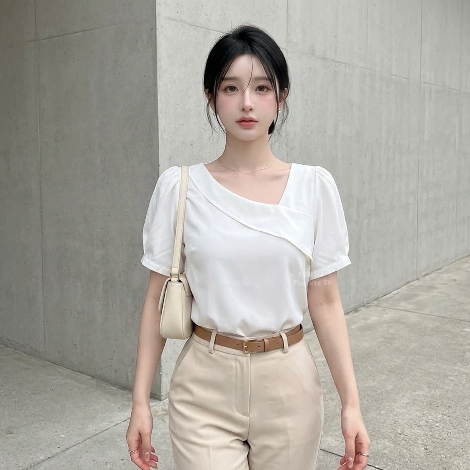C24 เสื้อสาวอวบดีไซน์คอป้ายปาดเฉียง แขนตุ๊กตา อก 32-62 นิ้ว สำหรับสาวไซส์ใหญ่ ลุคเรียบหรู ใส่ทำงานได้ รูปที่ 4