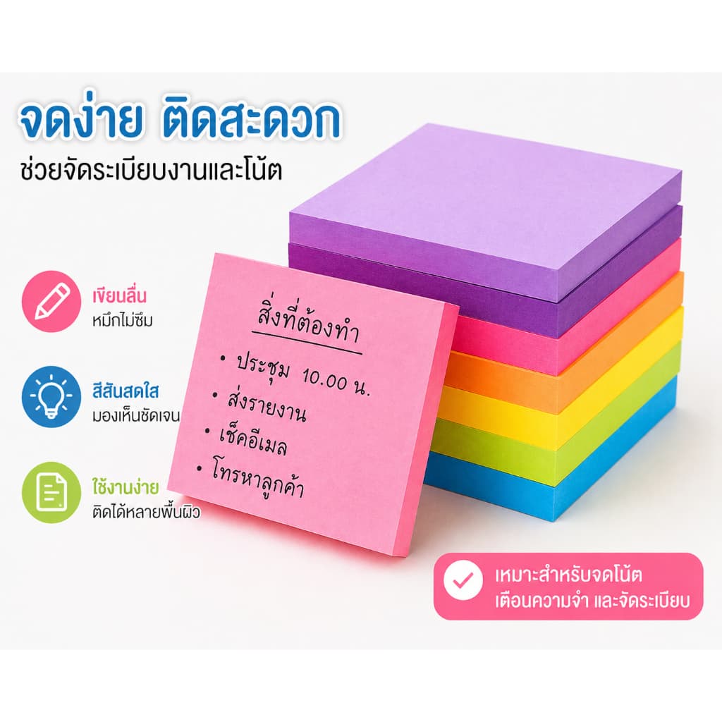 กระดาษโน๊ต กาวในตัว สี่เหลี่ยมสีสดใส 76*76mm เครื่องเขียนสําหรับนักเรียนและสำนักงาน จดบันทึก รูปที่ 9