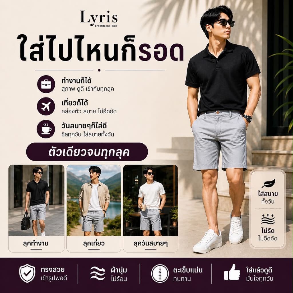 Lyris กางเกงขาสั้นผู้ชาย สีเทา 17 นิ้ว Classic Fit ใส่แล้วดูดีขึ้นทันที ไม่รัด ใส่สบาย ทุกลุค รูปที่ 3