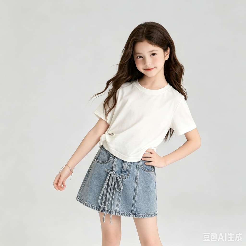 MC269 ชุดเด็กผู้หญิงสไตล์เกาหลี เสื้อยืดขาว กระโปรงยีนส์แต่งเชือก รูปที่ 7