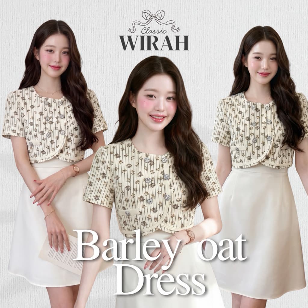 DW506 Barley Oat Dess ชุดเดรสสั้นโทนสีครีมละมุน ดีไซน์ช่วงบนเป็นเสื้อครอปแขนสั้นลายทางลงสลับลายดอกไม้เล็กๆ รูปที่ 1
