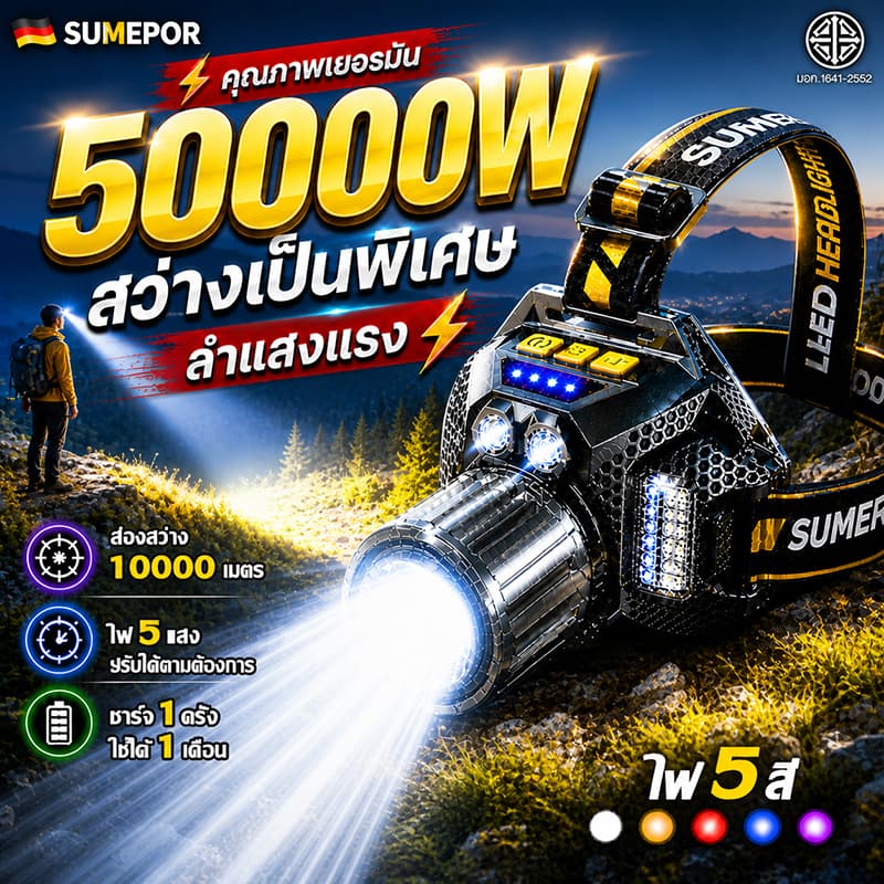 สว่างกว่าไฟรถไฟฉายคาดหัว ไฟฉายคาดหัวLED 50000mAh ปรับแสงได้5สี แสง6 ตกปลากลางคืน ดูแมงป่องตั้งแคมป์ ไฟสายคาดหัว รูปที่ 1