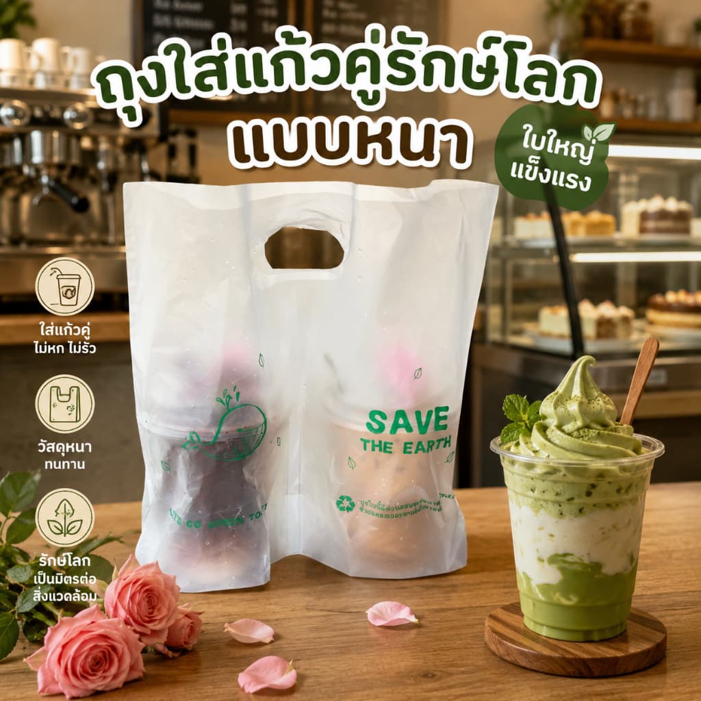 ถุงใส่แก้วน้ำ 2 ใบ ถุงใส่แก้วคู่แบบหนา ใส่ฝา 9.5, 9.8 ซม. ถุงหิ้วแก้วกาแฟรักษ์โลก ใส่แก้วกาแฟ 16-22 ออนซ์ รูปที่ 1