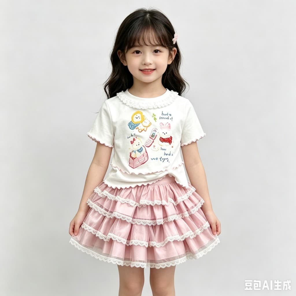 MC282 เซ็ตเสื้อยืดเด็กผู้หญิง + กระโปรงฟูฟ่อง ลูกไม้หวานๆ รูปที่ 5