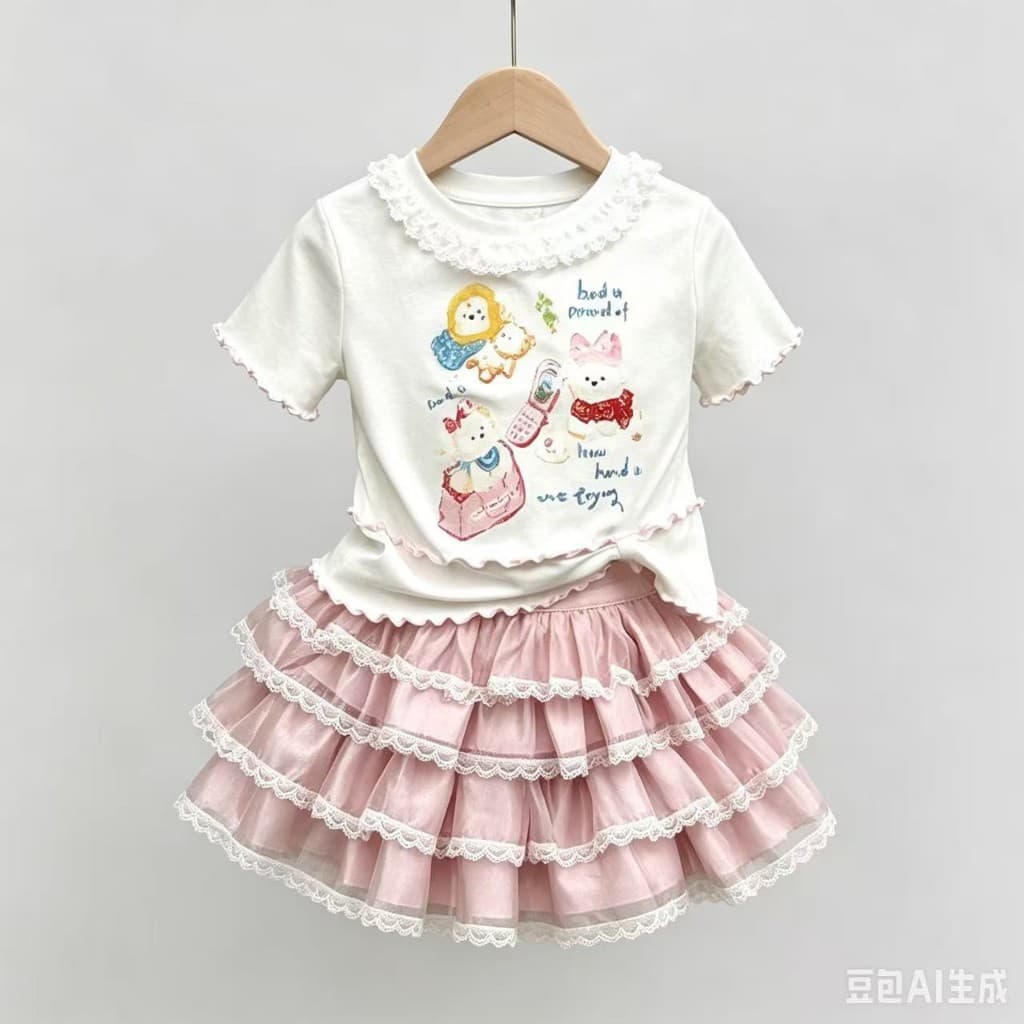 MC282 เซ็ตเสื้อยืดเด็กผู้หญิง + กระโปรงฟูฟ่อง ลูกไม้หวานๆ รูปที่ 7