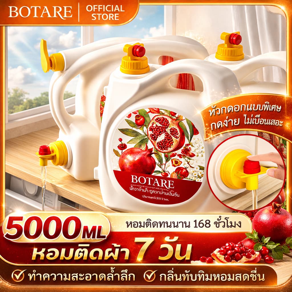 【5KG】Botare ผลิตภัณฑ์ซักผ้ากลิ่นทับทิม หอมยาวนาน ทำความสะอาดล้ำลึก 1ขวด 5000ml