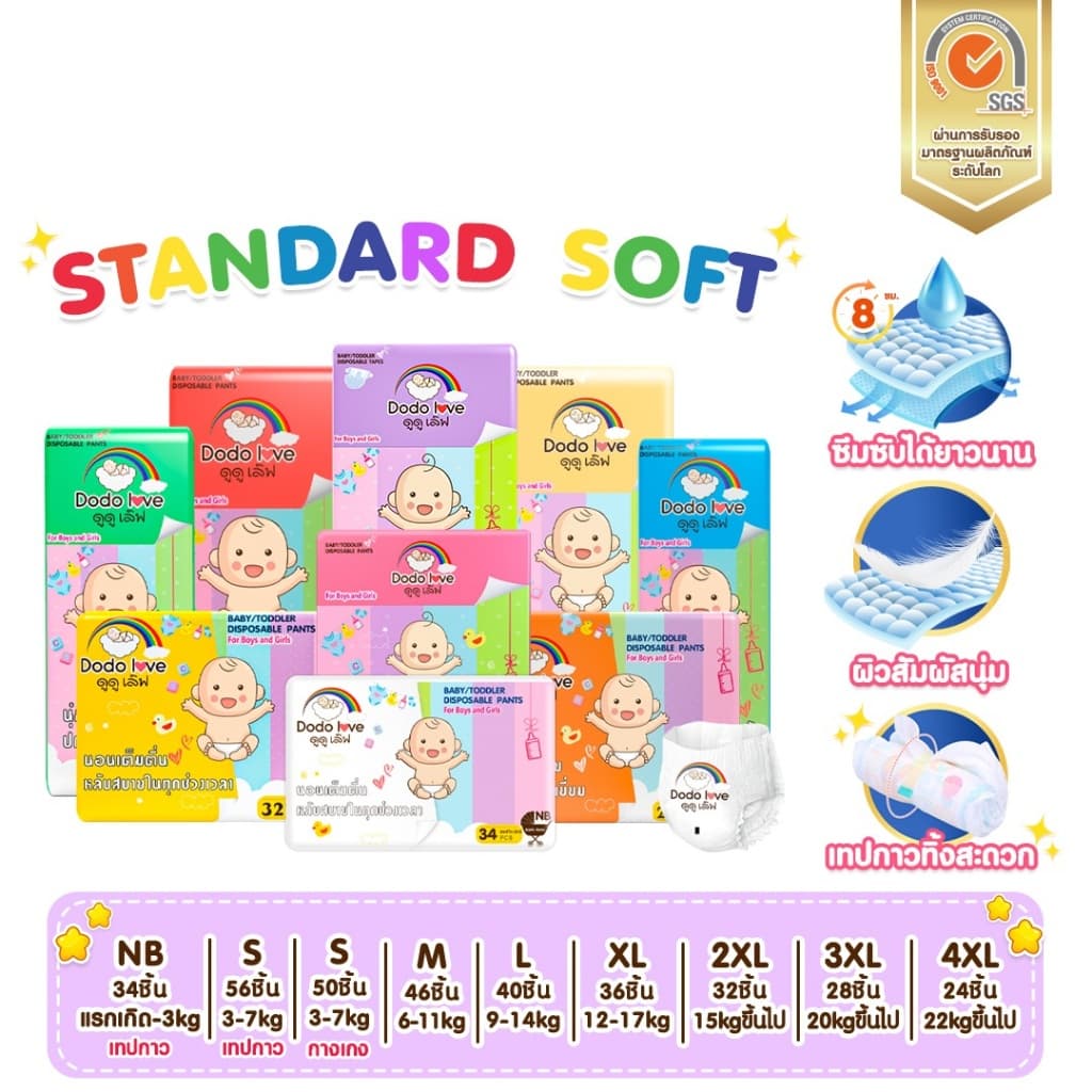 DODOLOVE Standard Soft กางเกงผ้าอ้อม (แพ็คเดี่ยว) Size NB - 4XL นุ่ม บางเบา ใส่สบาย