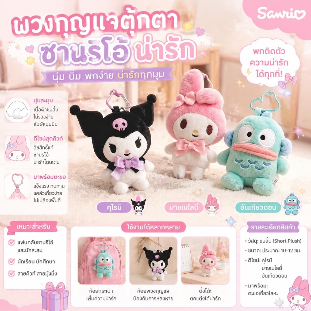 Sanrio ซานริโอ้ พวงกุญแจ พวงกุญแจตุ๊กดา จี้ตุ๊กตาปุ่มรักขนาดเล็ก รูปที่ 1