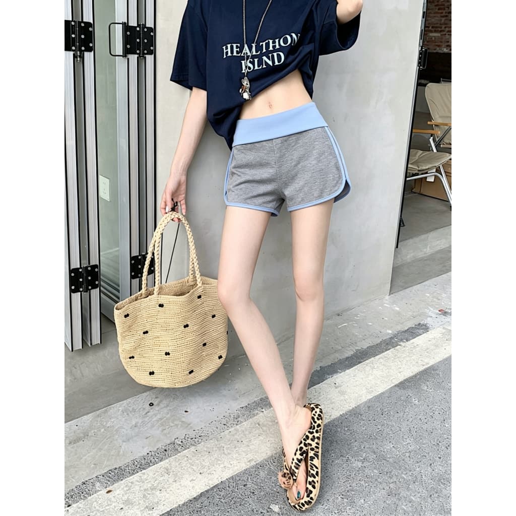 กางเกงเอวพับ กางเกงขาสั้น สีพื้น สาวฮอตต้องมี โปร่งสบาย ไม่อึดอัด#0359 รูปที่ 5