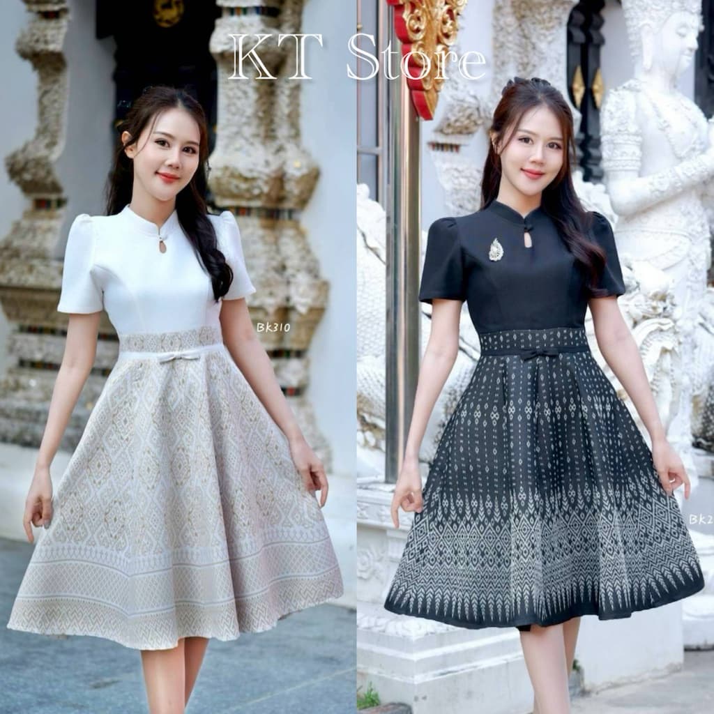 [ทักเช็คไซส์ก่อนสั่ง] ชุดเดรสผ้าไทย ผ้าทอลายคอจีน ทรงย้วย