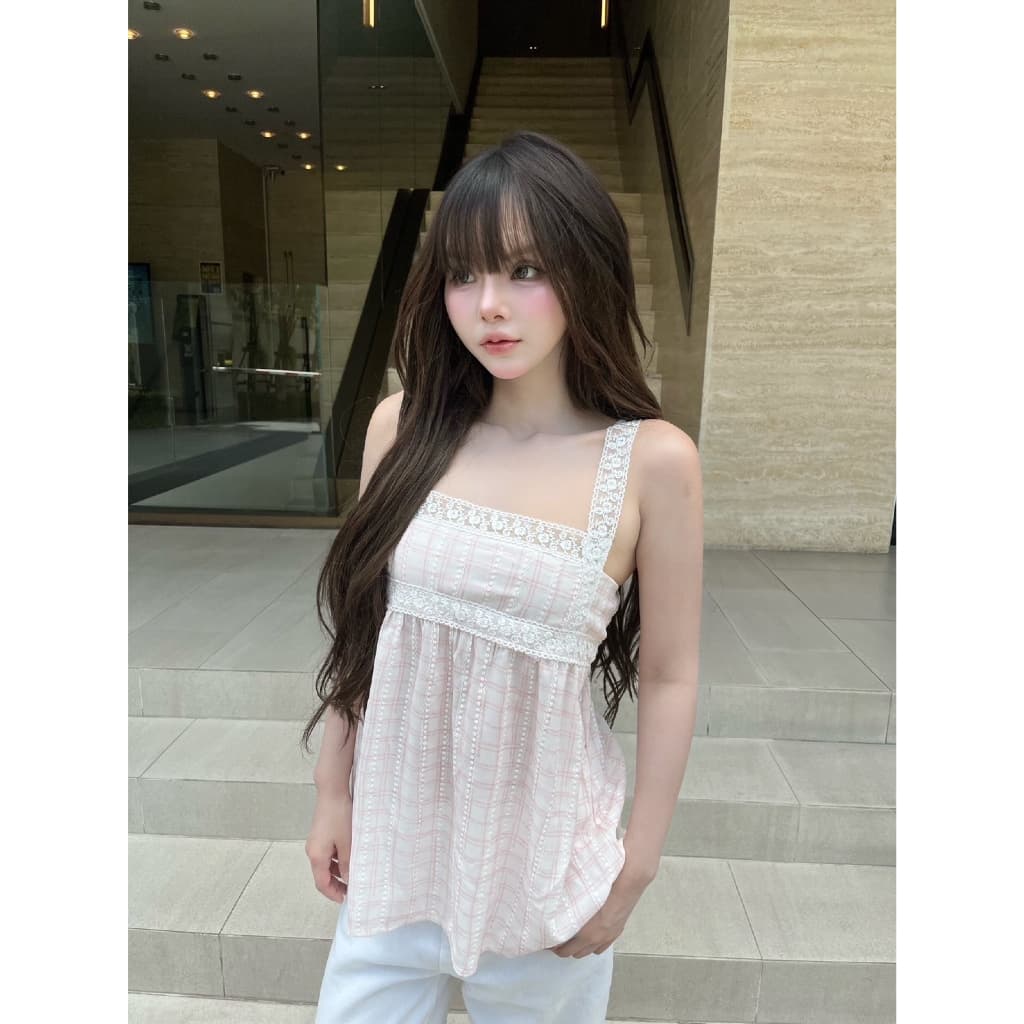 เสื้อสายเดี่ยวแต่งสายลูกไม้ สม็อคหลัง -nuttm / VB0681 รูปที่ 3