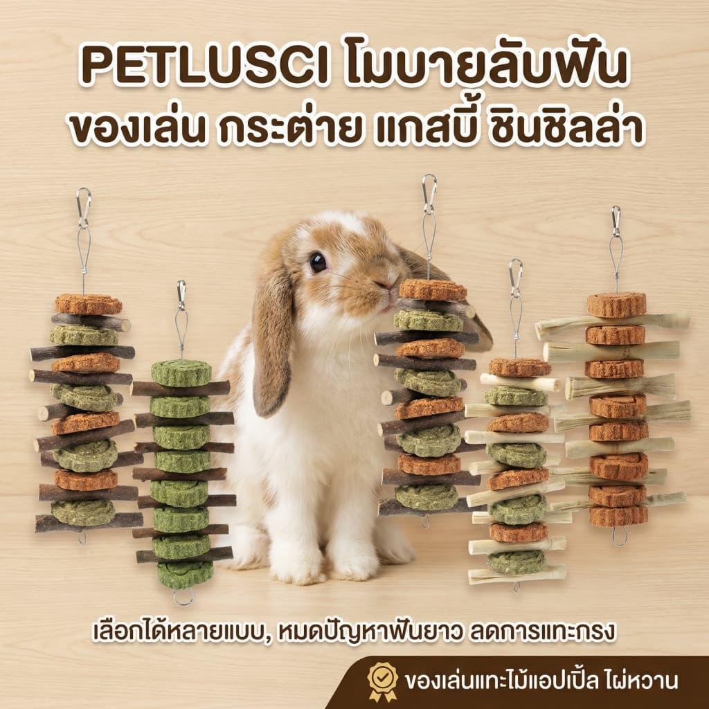 PETLUSCI® โมบาย ของเล่นลับฟัน ของเล่นกระต่าย ไม้ลับฟันกระต่ายและคุ้กกี้หญ้า ของเล่นกระต่าย โมบายไม้แอปเปิ้ล ไม้ไผ่หวาน รูปที่ 1