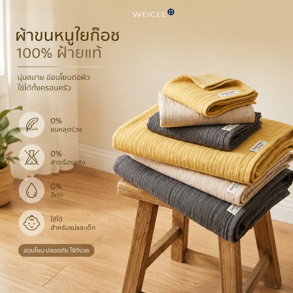 WEICEE ผ้าเช็ดตัว Cotton 100% ผ้าขนหนู เหมาะสำหรับคุณแม่และเด็กทารก สีไม่ตก ขนไม่ร่วง รูปที่ 1
