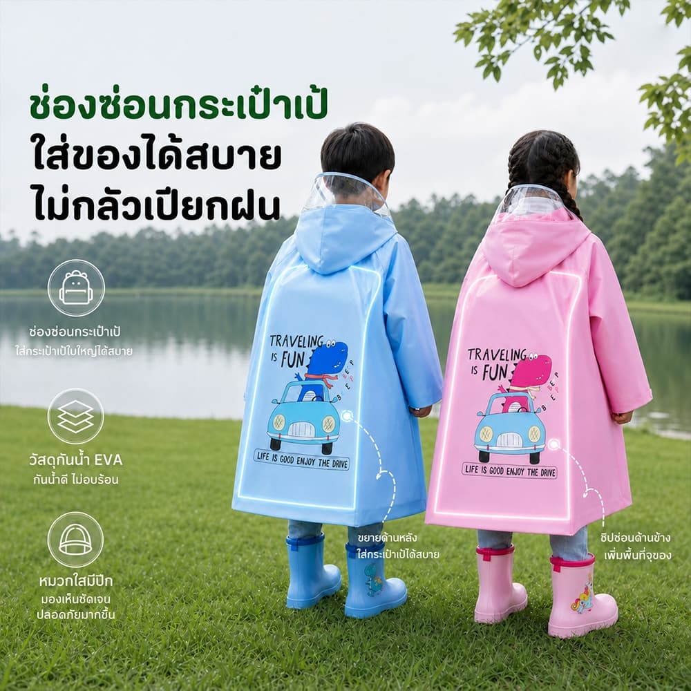 ชุดกันฝนเด็กเสื้อกันฝนเด็กลายการ์ตูนน่ารัก หมวกปีกใหญ่มีช่องสะพายกระเป๋ากันลม-กันฝนดี มีแถบสะท้อนแสง EVA คุณภาพสูง รูปที่ 3