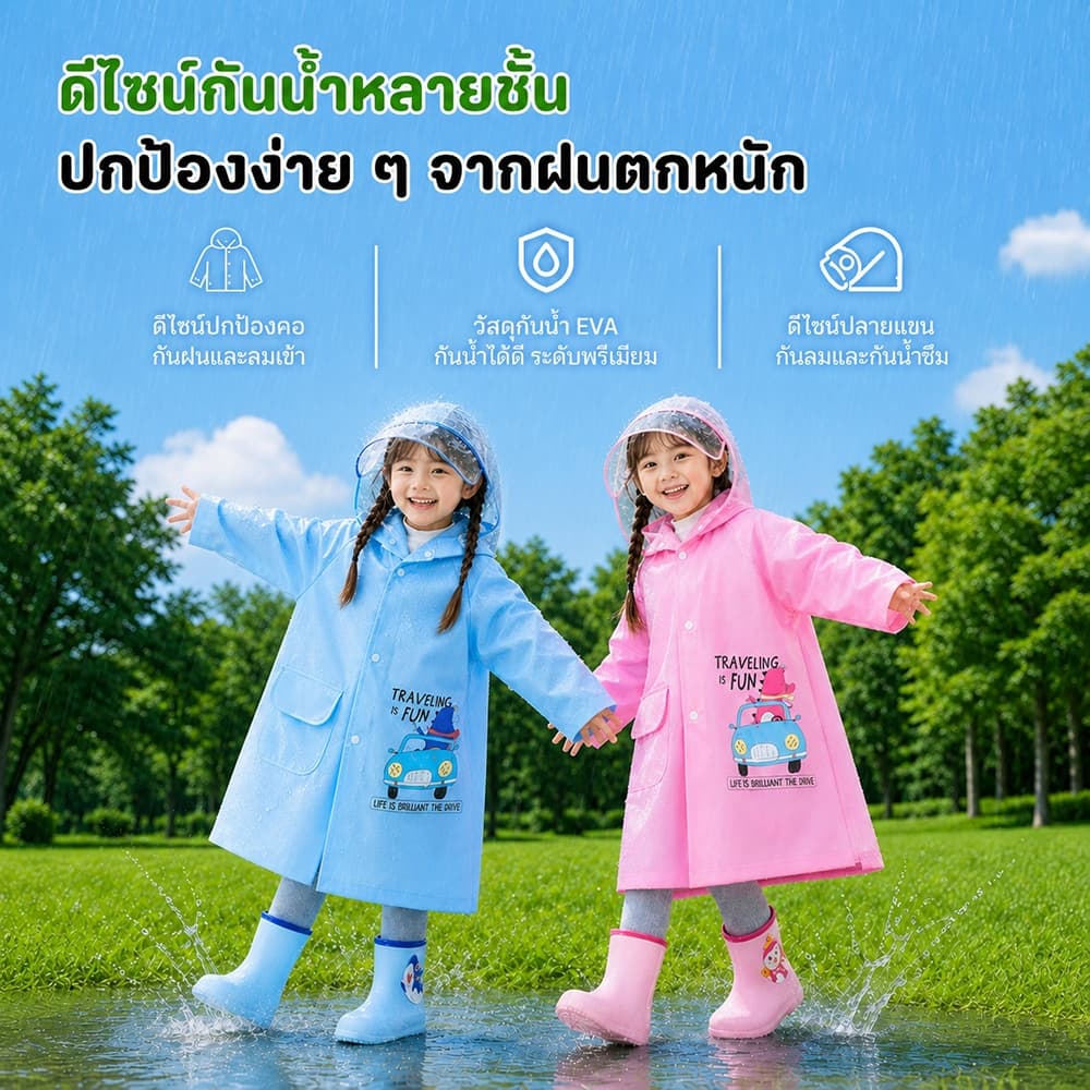 ชุดกันฝนเด็กเสื้อกันฝนเด็กลายการ์ตูนน่ารัก หมวกปีกใหญ่มีช่องสะพายกระเป๋ากันลม-กันฝนดี มีแถบสะท้อนแสง EVA คุณภาพสูง รูปที่ 6
