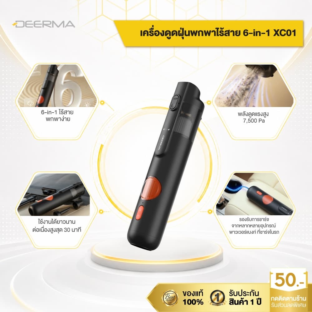 Deerma XC01 เครื่องดูดฝุ่นไร้สาย เครื่องดูดฝุ่นในรถ พกพาสะดวก แรงดูด 7,500Pa น้ำหนักเบา 0.4kg อเนกประสงค์ 6-in-1 รูปที่ 2