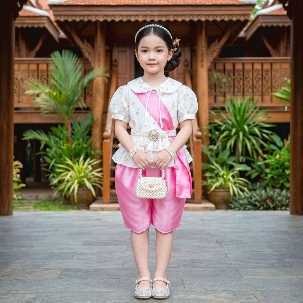 ชุดไทยเด็ก รุ่นโจงกระเบน+เสื้อแขนตุ๊กตาลายดอกไม้+สไบ รวม 3 ชิ้น ***ไม่รวมเครื่องประดับ*** รูปที่ 6