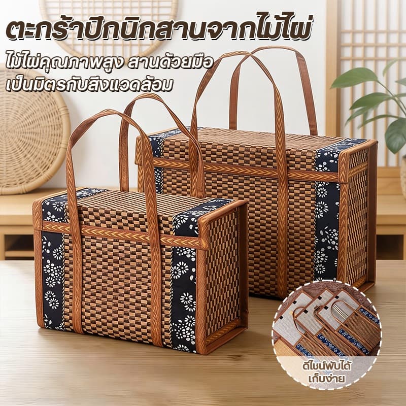 ตะกร้าไม้ไผ่สานพับได้ ตะกร้าใส่ผลไม้แบบถือตะกร้าใส่อาหารปิคนิคสำหรับกลางแจ้งใหม่ ตะกร้าสานปิกนิกสําหรับใส่อาหาร ผลไม้ ช้ รูปที่ 1