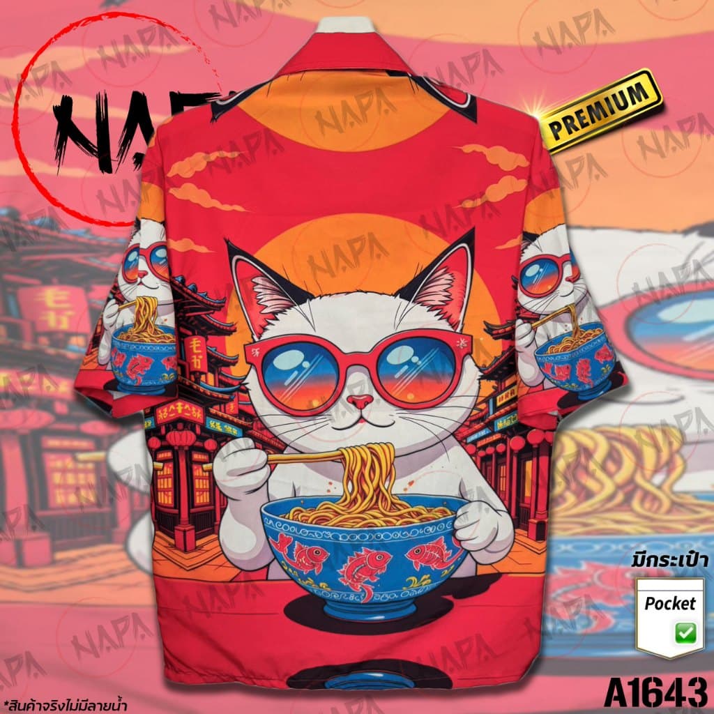เสื้อฮาวาย แมวแว่นราเมน A1643 ผ้าไหมอิตาลีแท้ รูปที่ 2