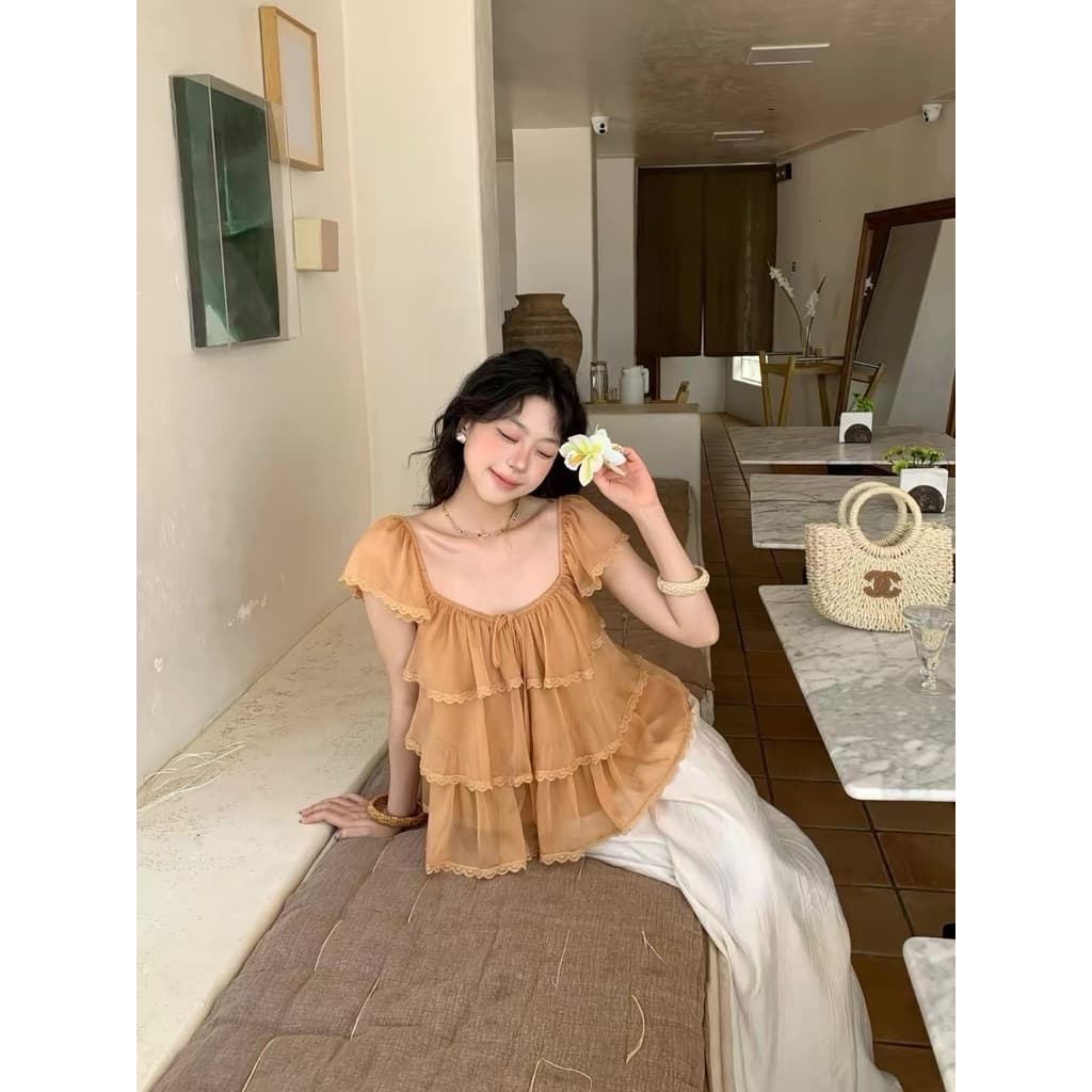 เสื้อชีฟองเกาหลี เแต่งระบายชั้นๆชายลูกไม้ รูปที่ 8