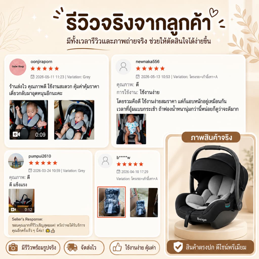 Beige คาร์ซีทเด็ก คาร์ซีทกระเช้า คาร์ซีท เด็กแรกเกิด หิ้วได้ พกพาง่าย เบาะรถยนต์เด็ก 0-15 เดือน รูปที่ 2