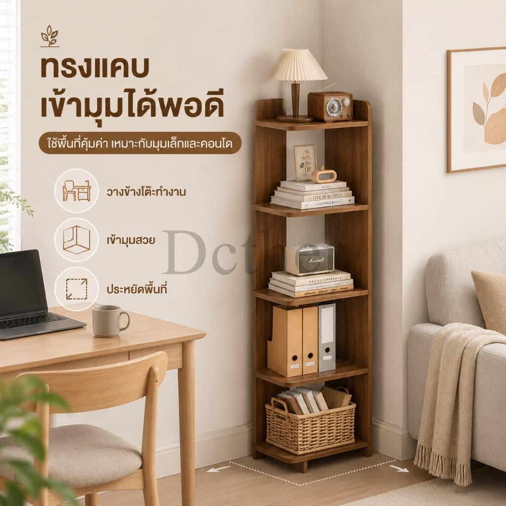 DC ชั้นวางหนังสือ 120cm 5ชั้น สีไม้/ขาว/สีดำและสีขาว วางไว้ที่มุม ชั้นวางของห้องครัว การเก็บรักษาอาหาร รูปที่ 6