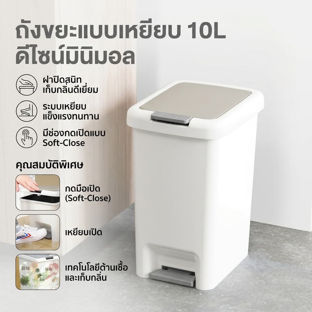 ถังขยะพลาสติก ถังขยะ 6.5L/8L/10L/15L/20Lวัสดุ PP ถังขยะใหญ่ งขยะ แบบเปิดมือ-เปิดเท้าพลาสติกเหนียว กันกลิ่นดี รูปที่ 9