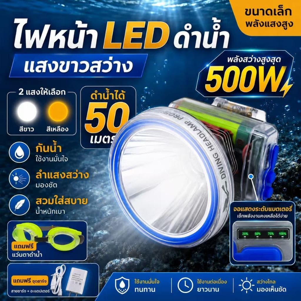 ไฟฉายเดินป่า ไฟฉายคาดหัว LED ดำน้ำลึก 50 เมตร กู้ภัย ก่อสร้าง หม้อแบต ส่องกบ  หัวไฟชาร์จแบตได้