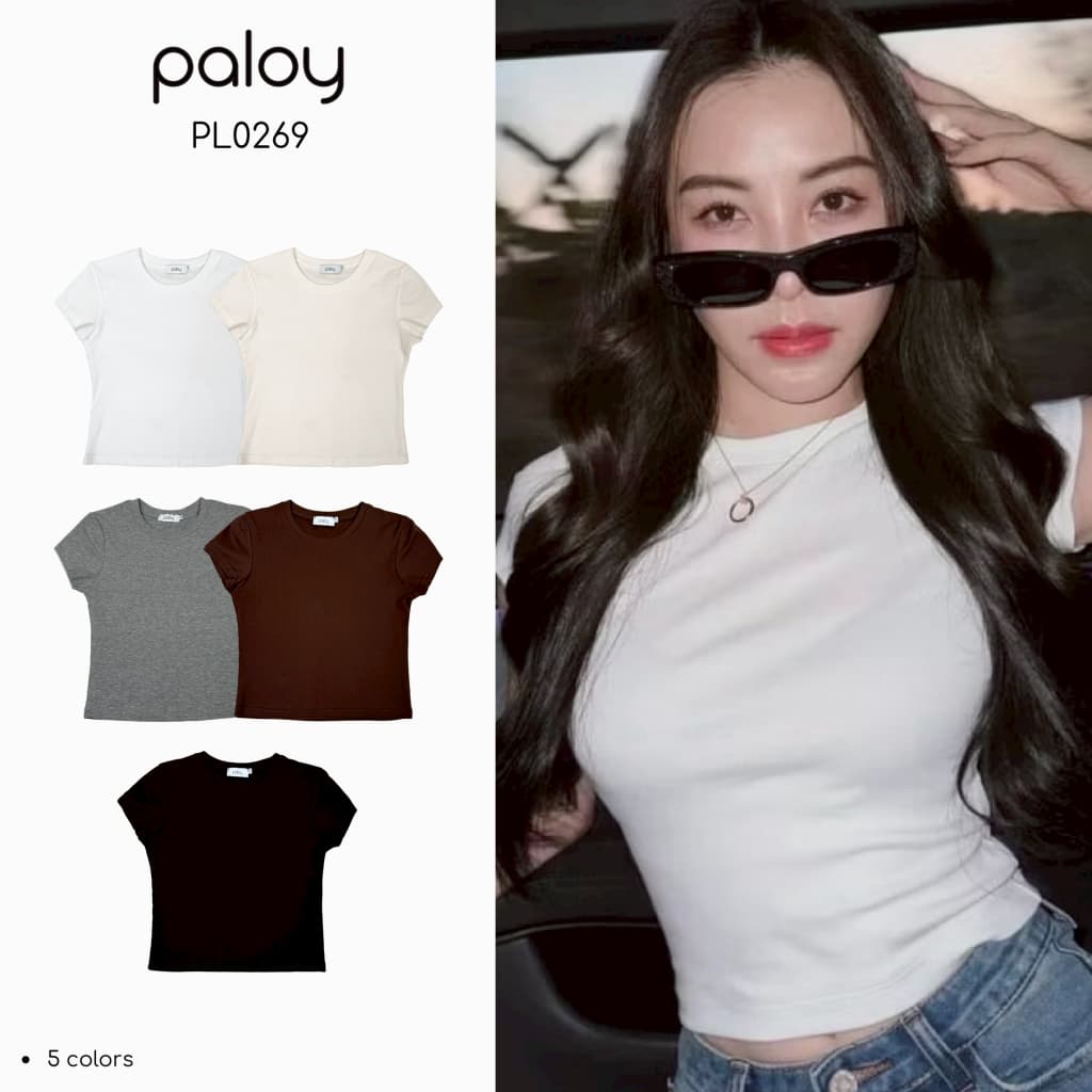 Paloy - PL0269 เสื้อครอปแขนสั้น สีพื้น ผ้านุ่มยืด รูปที่ 1