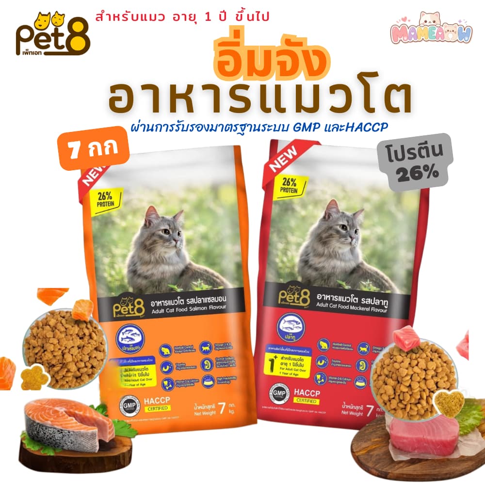 Pet8 เพทเอท อิ่มจัง สูตรโปรตีน 26% ไม่เค็ม อาหารแมวโต ขนาด 7 kg รูปที่ 1