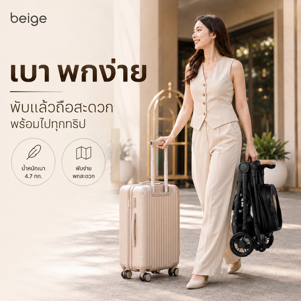 Beige รถเข็นเด็ก น้ำหนักเบา พับง่าย กางเร็ว หลังคากันแดด พกพาสะดวก เหมาะใช้ทุกวันและเดินทาง รูปที่ 6