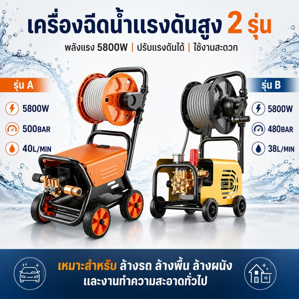 REAIM เครื่องฉีดน้ำแรงดันสูง 5800W ปรับแรงดันน้ำได้ เคลื่อนย้ายสะดวก ดูดน้ำได้ด้วยตัวเอง รูปที่ 2